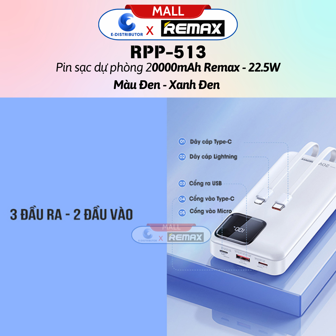 Pin sạc dự phòng kèm cáp 20000mAh 22.5W Remax RPP-513 - Hàng Chính Hãng - Bảo Hành 12 Tháng