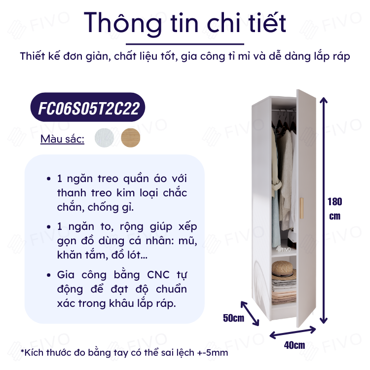 Tủ Gỗ Quần Áo Cá Nhân Gỗ MDF Lõi Xanh Chống Ẩm Dày 17mm FIVO FC06, Ngăn Chứa Rộng Rãi, Dễ Dàng Lắp Ráp - Màu Full Trắng