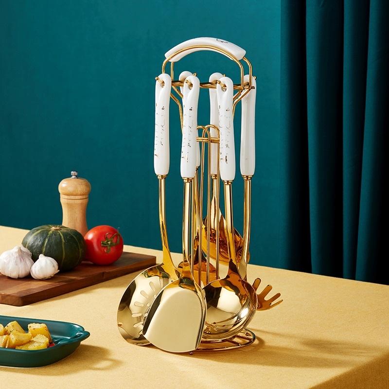 Bộ dụng cụ nấu ăn nhà bếp bằng thép cán sứ vân đá Huydecor