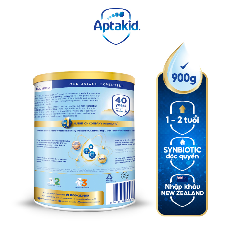 Combo 2 Sữa bột Aptamil New Zealand hộp thiếc số 2 (900g/lon) cho bé 12-24 tháng tuổi
