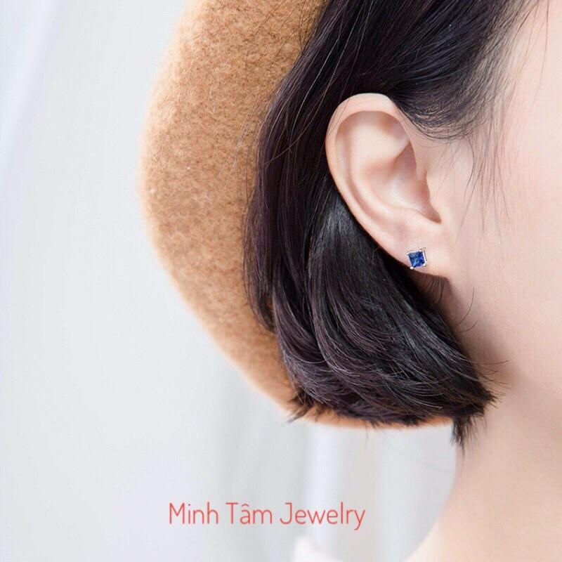 Bông tai bạc 925 bất đối xứng hình lập phương và ngôi sao xanh-Minh Tâm Jewelry