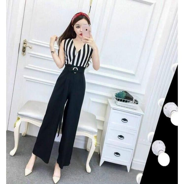 JUMPSUIT SỌC CỔ V PHỐI ĐEN