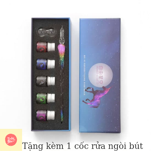 Bút thủy tinh chấm mực viết chữ thư pháp cao cấp (bộ bút gồm:  01 bút + 01 đế kê bút + 5 lọ mực nước) - tặng kèm 01 cốc rửa ngòi bút