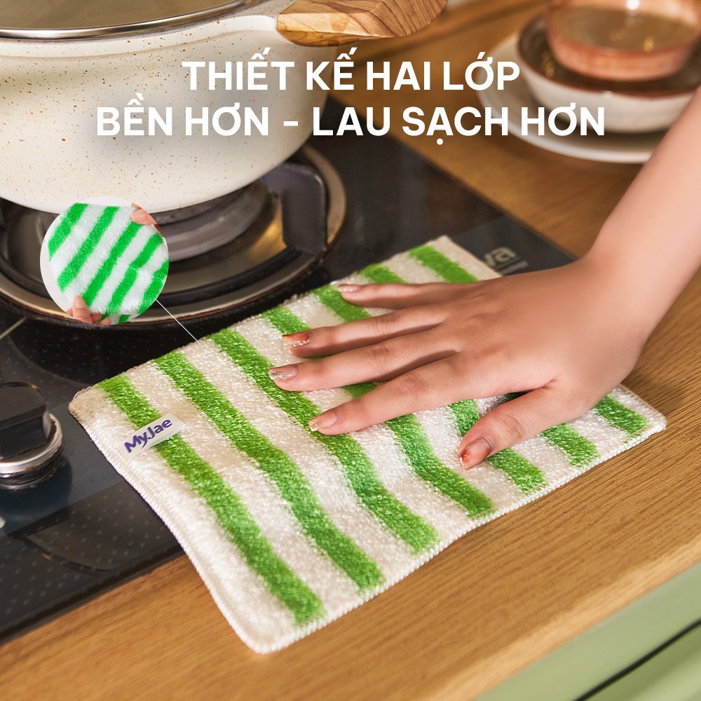 Khăn lau sợi tre MyJae lau bếp, lau tay, 2 mặt có móc treo 23cm x 18cm (3 Cái/Gói)