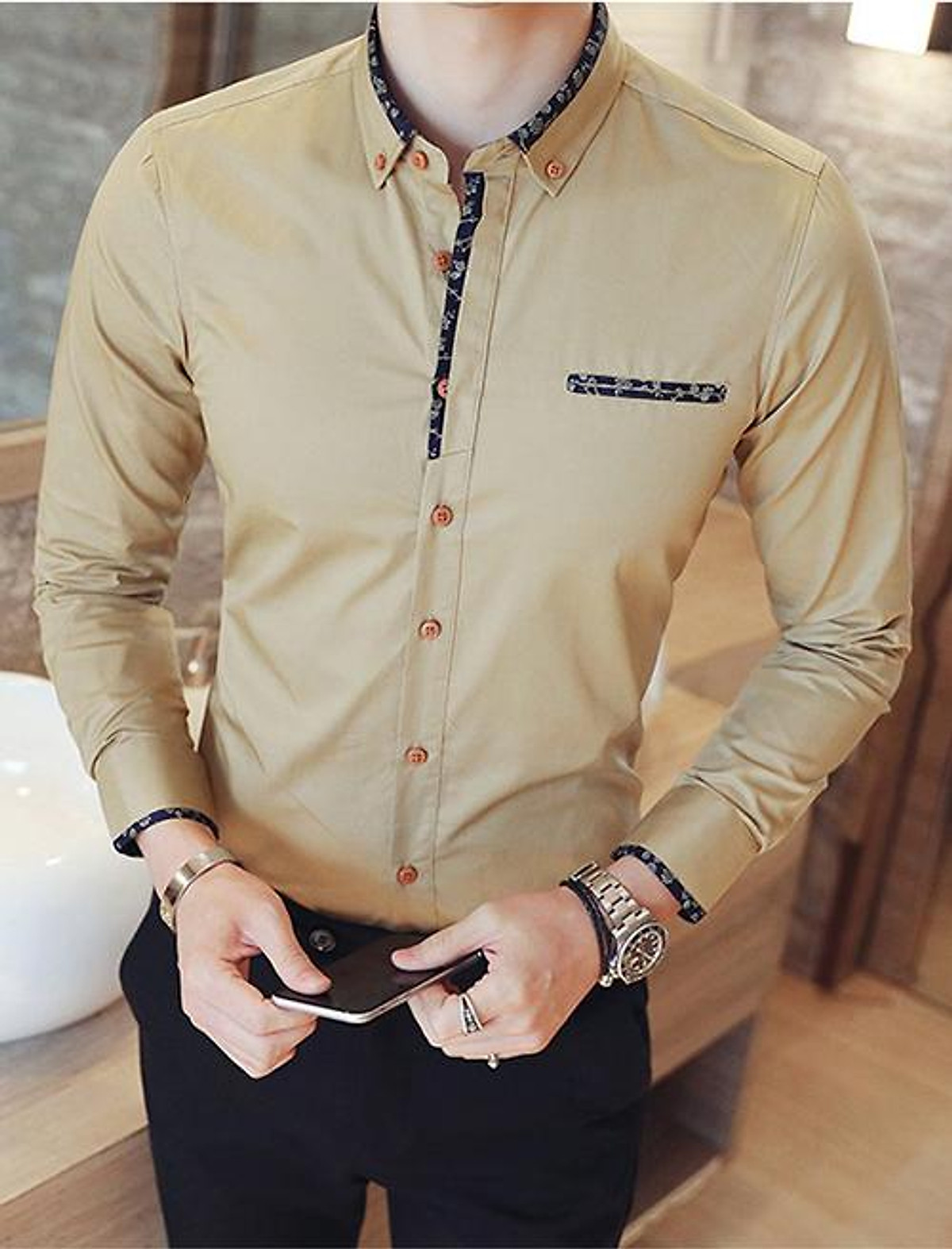 Áo sơ mi công sở nam dáng body viền cổ và tay, thời trang trẻ, phong cách Hàn Quốc
