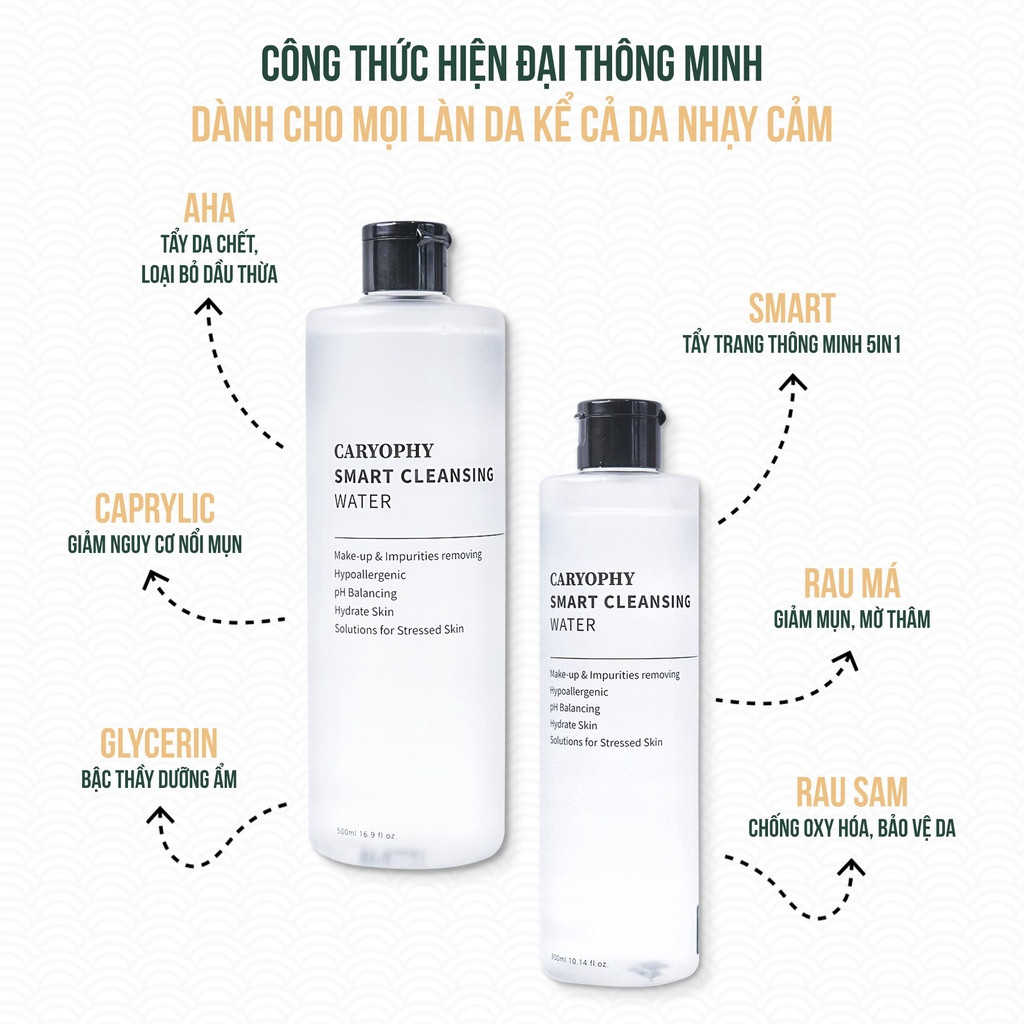 Combo 2 Sản Phẩm Hỗ Trợ Giảm Mụn Và Tẩy Da Chết Dịu Nhẹ Caryophy (Tẩy trang 500ml + Toner 300ml)