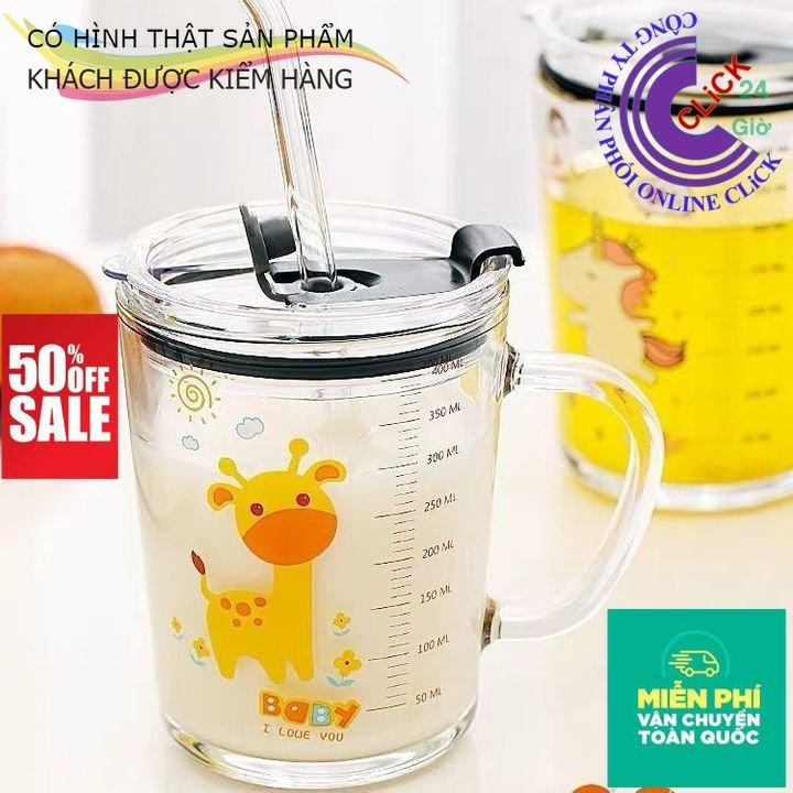 Combo 2 Ly Thủy Tinh Chịu Nhiệt Nóng Lạnh Có Nắp Kèm Ống Hút Dẻo 400ml, Có Vạch Chia Mức Tiện Dụng - Hàng Cao Cấp