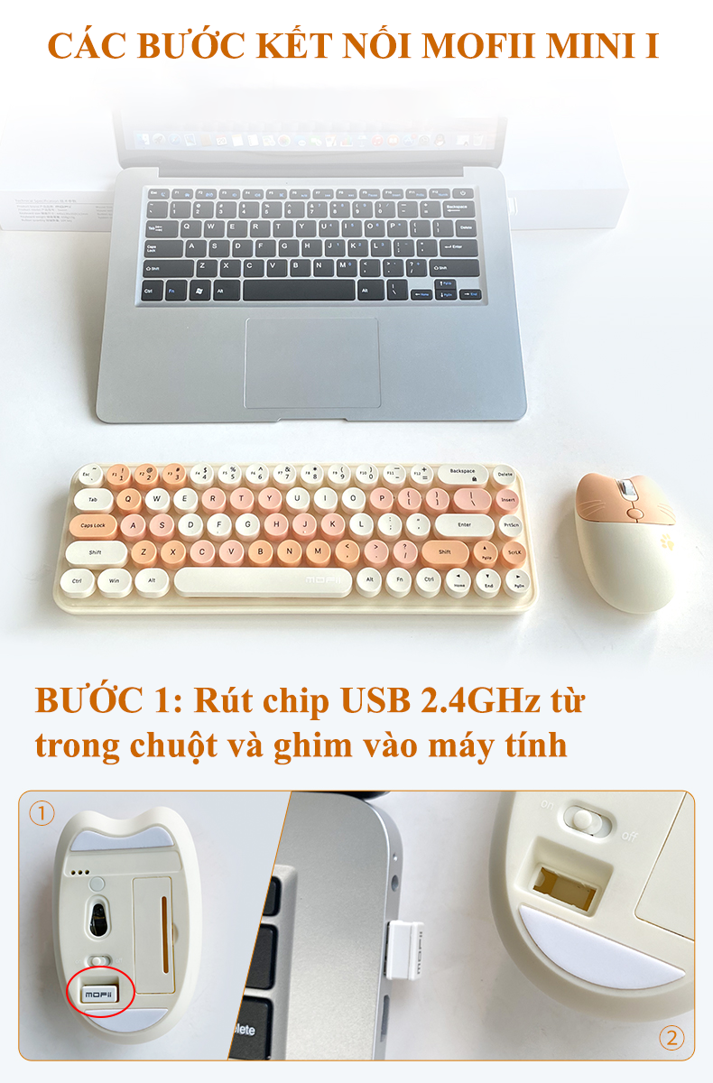 Bàn phím và chuột không dây MOFII MINI I kết nối bằng chip USB 2.4 GHz màu sắc dễ thương, thiết kế mini size cực kỳ nhỏ gọn - HÀNG CHÍNH HÃNG