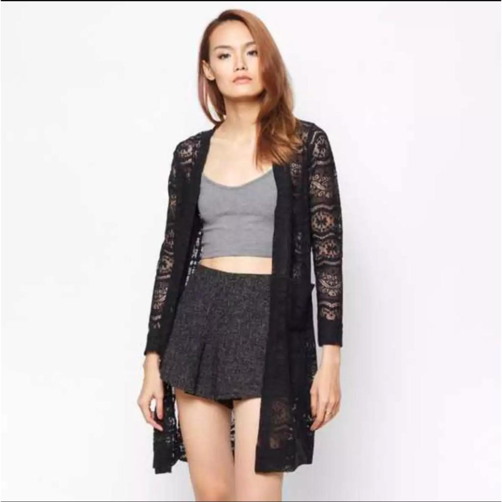 Aó khoác cardigan ren tay dài đen