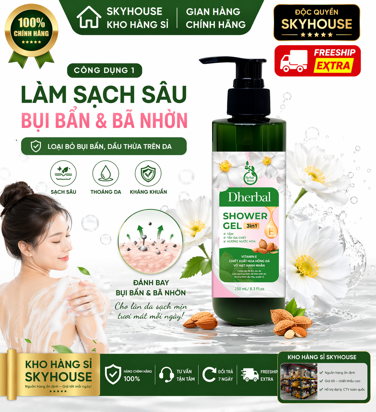 Sữa tắm trắng da 3in1 thiên nhiên độc quyền DHERBAL chai 250ml sữa tắm dưỡng ẩm thơm lâu chính hãng