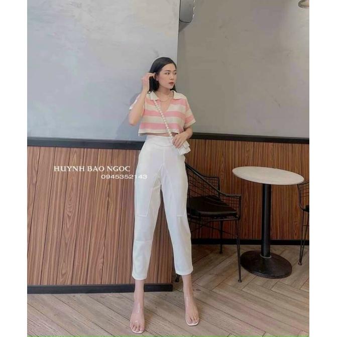 Áo croptop cổ bẻ khoét Quảng Châu kẻ sọc