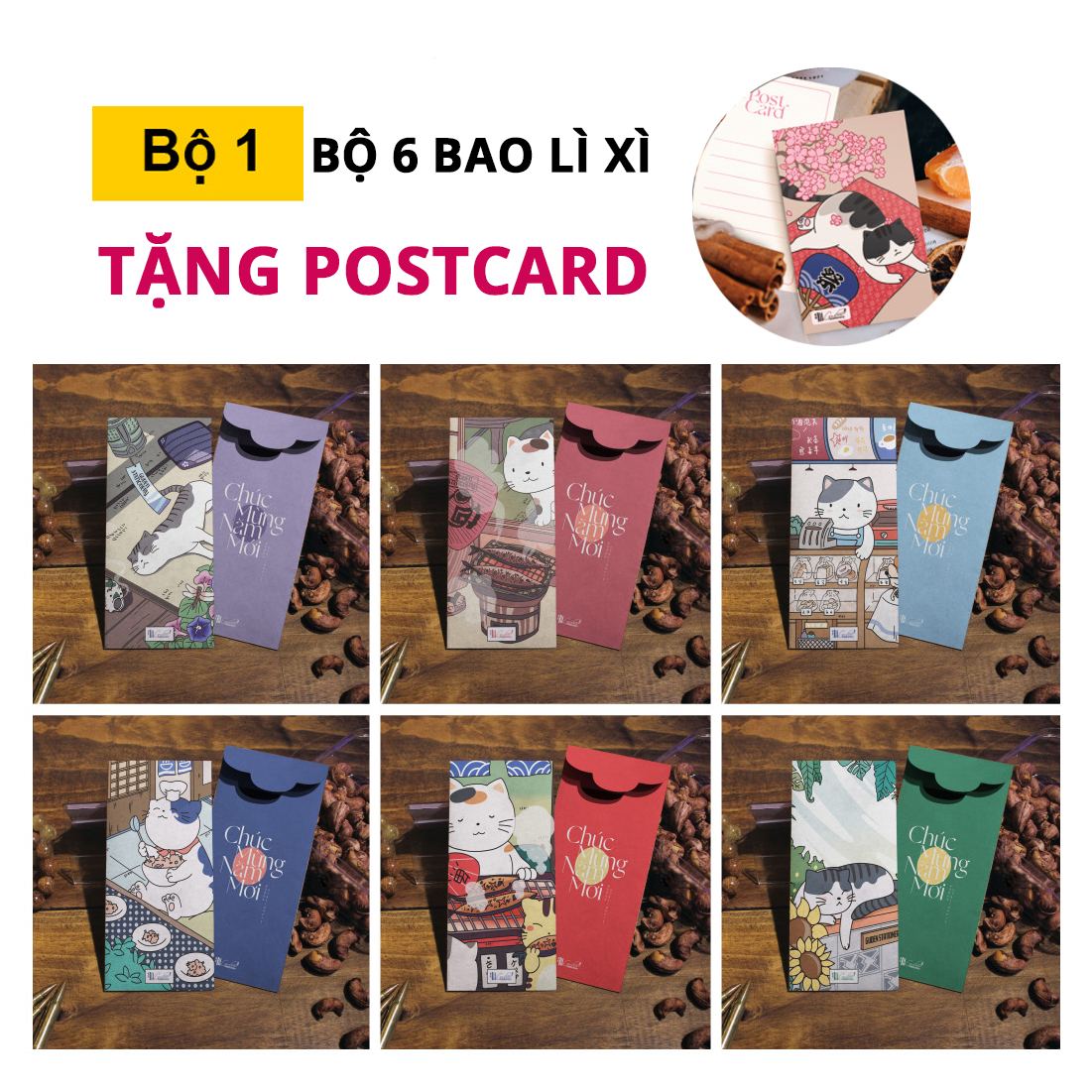 Bao lì xì 2022 đẹp tết thần tài Chibi Mèo nhật bản may mắn cao cấp TẶNG KÈM POSTCARD - LT800