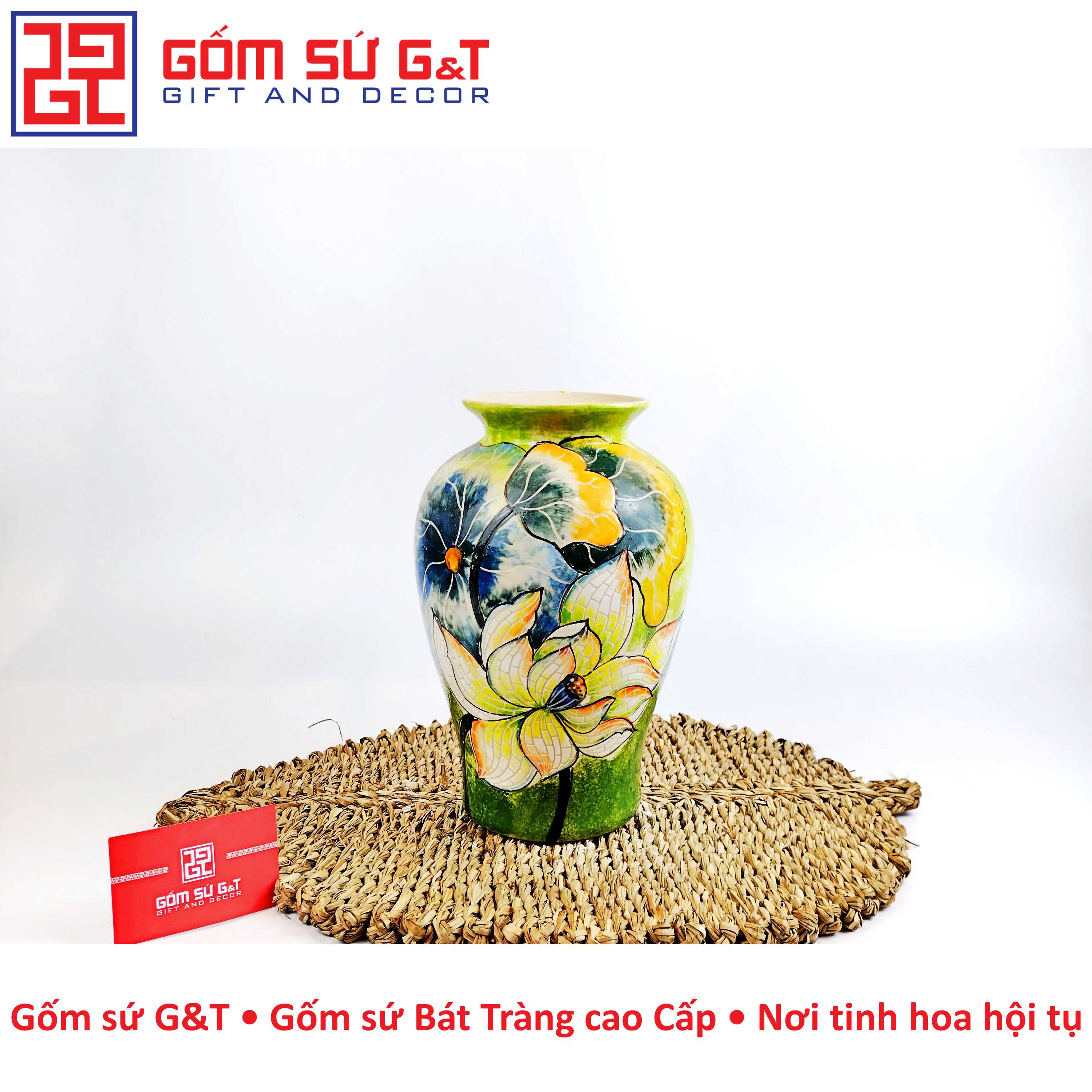 Lọ hoa dáng vò vẽ bạch liên Gốm Sứ G&amp;T