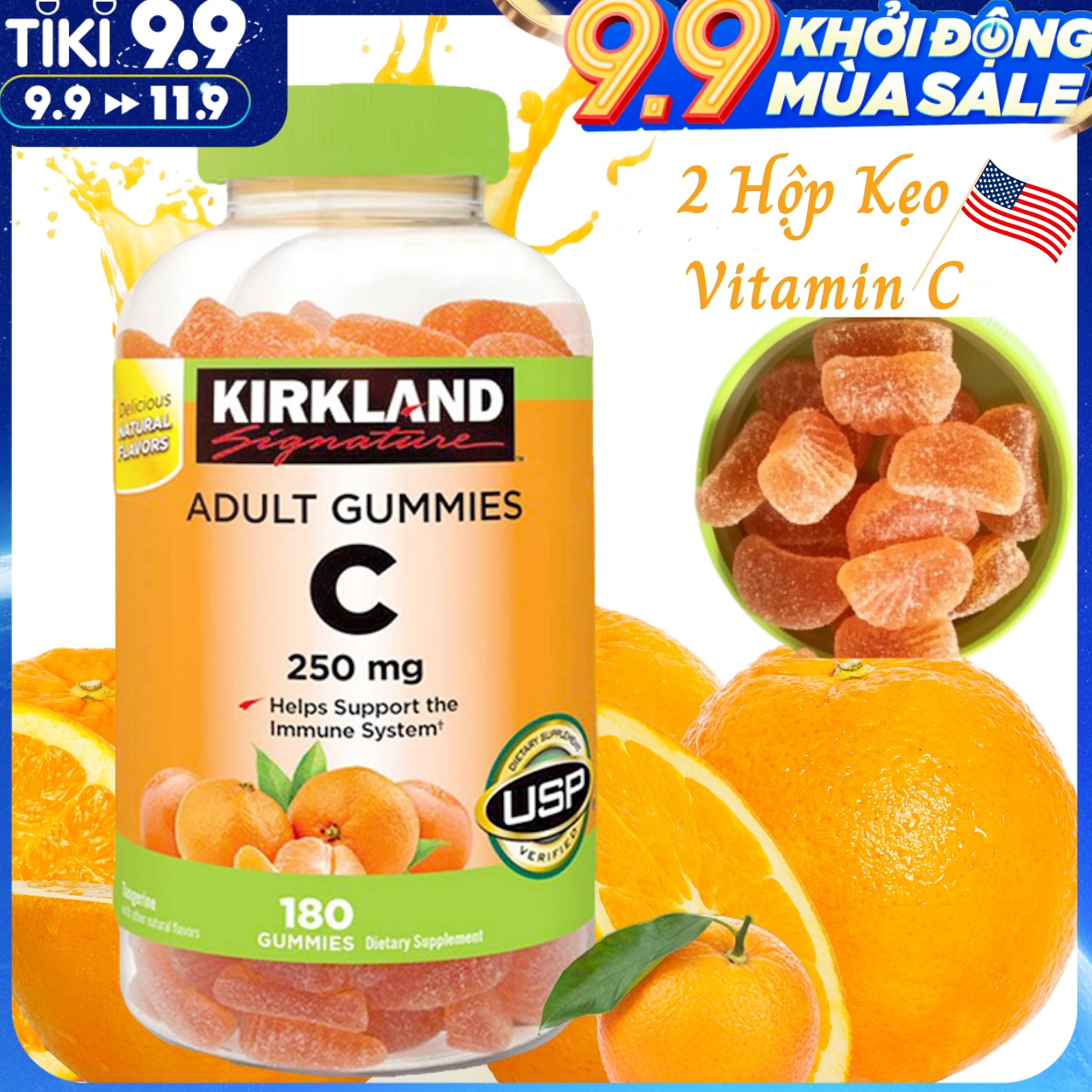 Kẹo C Kirkland Adult Gummies Vitamin C 250mg Nhập Khẩu Mỹ, Giúp Tăng Sức Đề Kháng, Phòng Cảm Cúm, Sản Xuất Collagen Làm Sáng Đẹp Da, Nhanh Lành Vết Thương, Chống Oxy Hóa, Ngăn Ngừa Ung Thư, Hỗ Trợ Hấp Thụ Sắt - 2 Hộp x 180 Viên- Massel Official