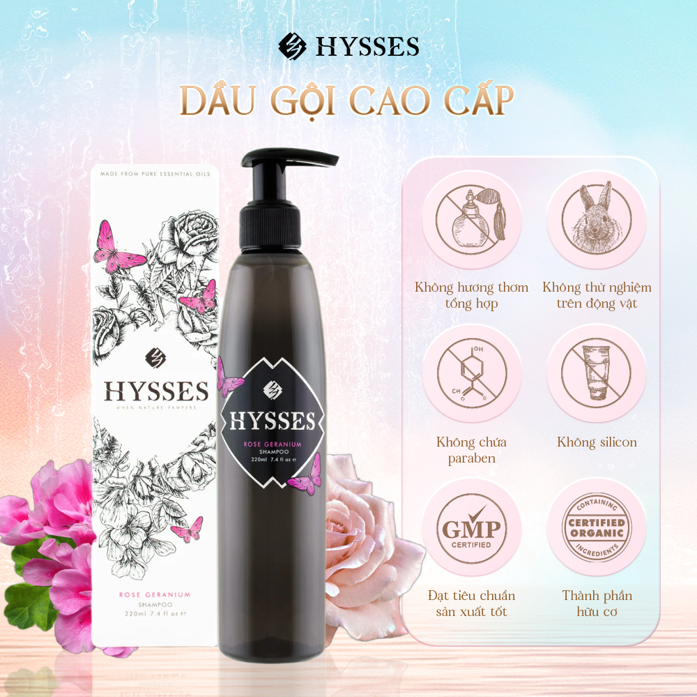 Dầu gội Tinh Dầu Cao Cấp Hysses Hỗ Trợ Tóc Hư Tổn, Giúp Dưỡng Ẩm Cho Tóc Luôn Mềm Mượt, An Toàn Cho Da Đầu Với Hoa Hồng và Hoa Phong Lữ Hữu Cơ Tự Nhiên