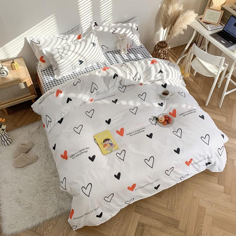 Bộ Chăn Ga Gối Poly Cotton Tim Trắng Caro