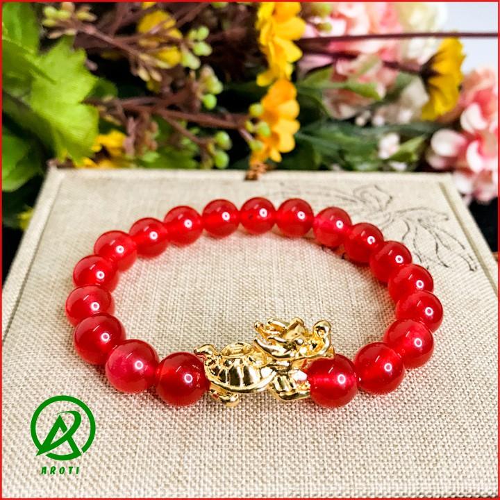 Vòng Tay Phong Thủy Mệnh Hỏa-Thổ- Vòng Tay Mã Não Đỏ 8mm Mix Long Quy Vàng Độc Lạ V379-8