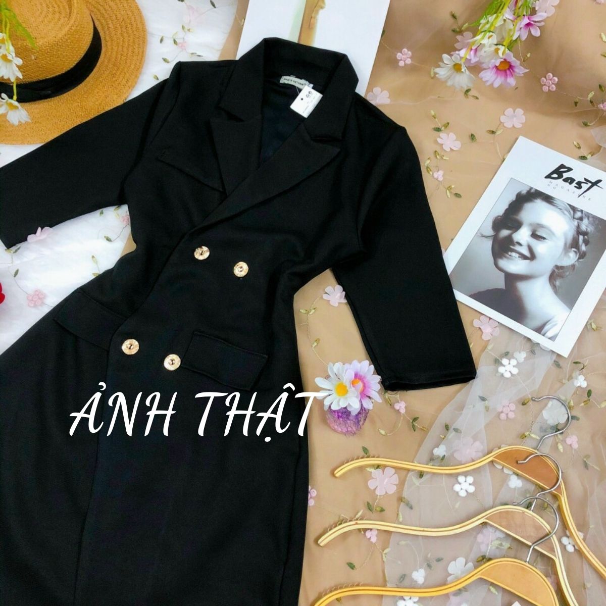 Đầm Vest Nữ Thiết Kế Tay Lỡ Đính Nút Form Tôn Dáng, Chất Vải Cotton Co Giãn Có Lót Trong Hanaki HNK334