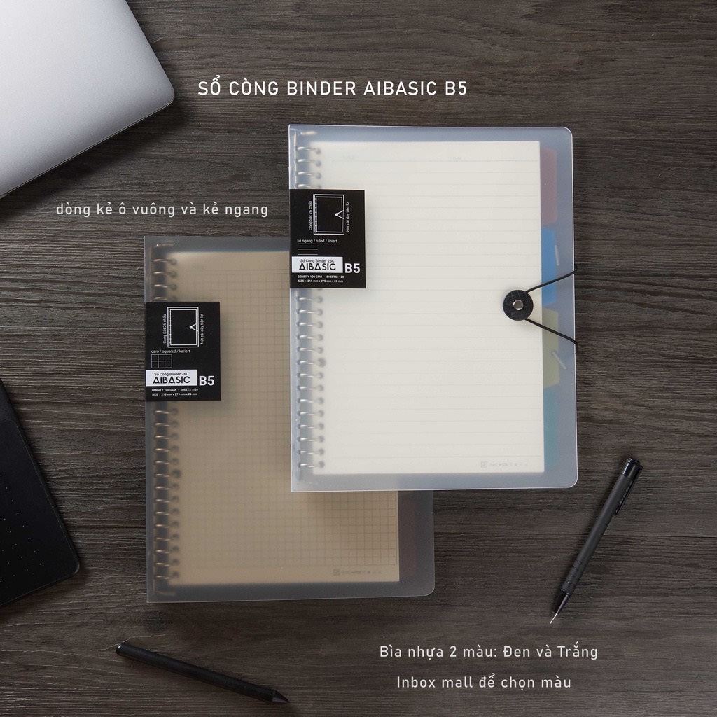 FUTUREBOOK-Sổ Còng Binder Aibasic B5 26 chấu, Kèm Ruột Giấy Refill-120 Trang - Định Lượng 100Gsm-Dòng kẻ Caro_Kẻ Ngang