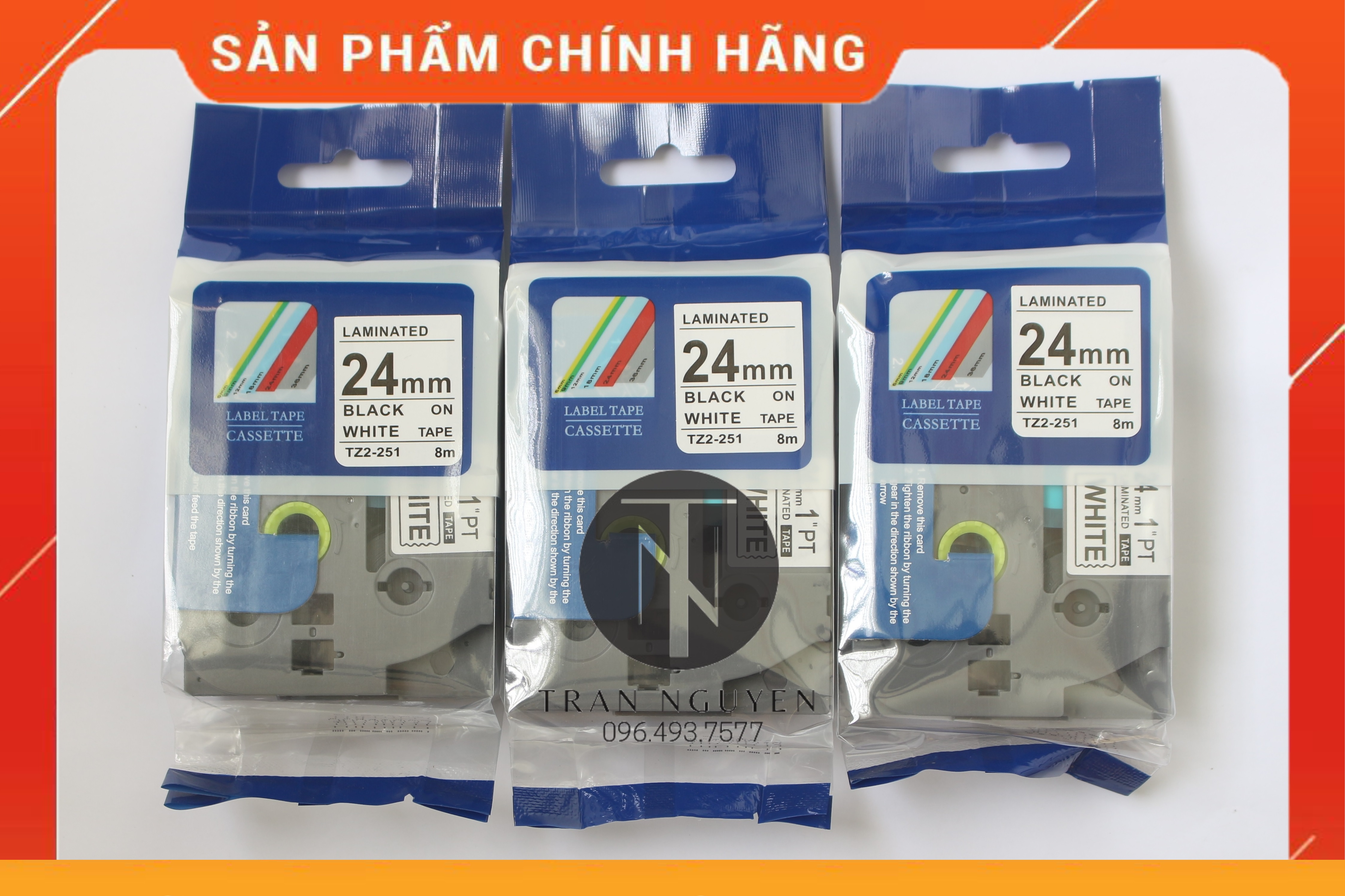 [Combo 3 hộp] Nhãn In đa lớp Tz2-251 - Đen nền trắng 24mm x 8m - Hàng nhập khẩu