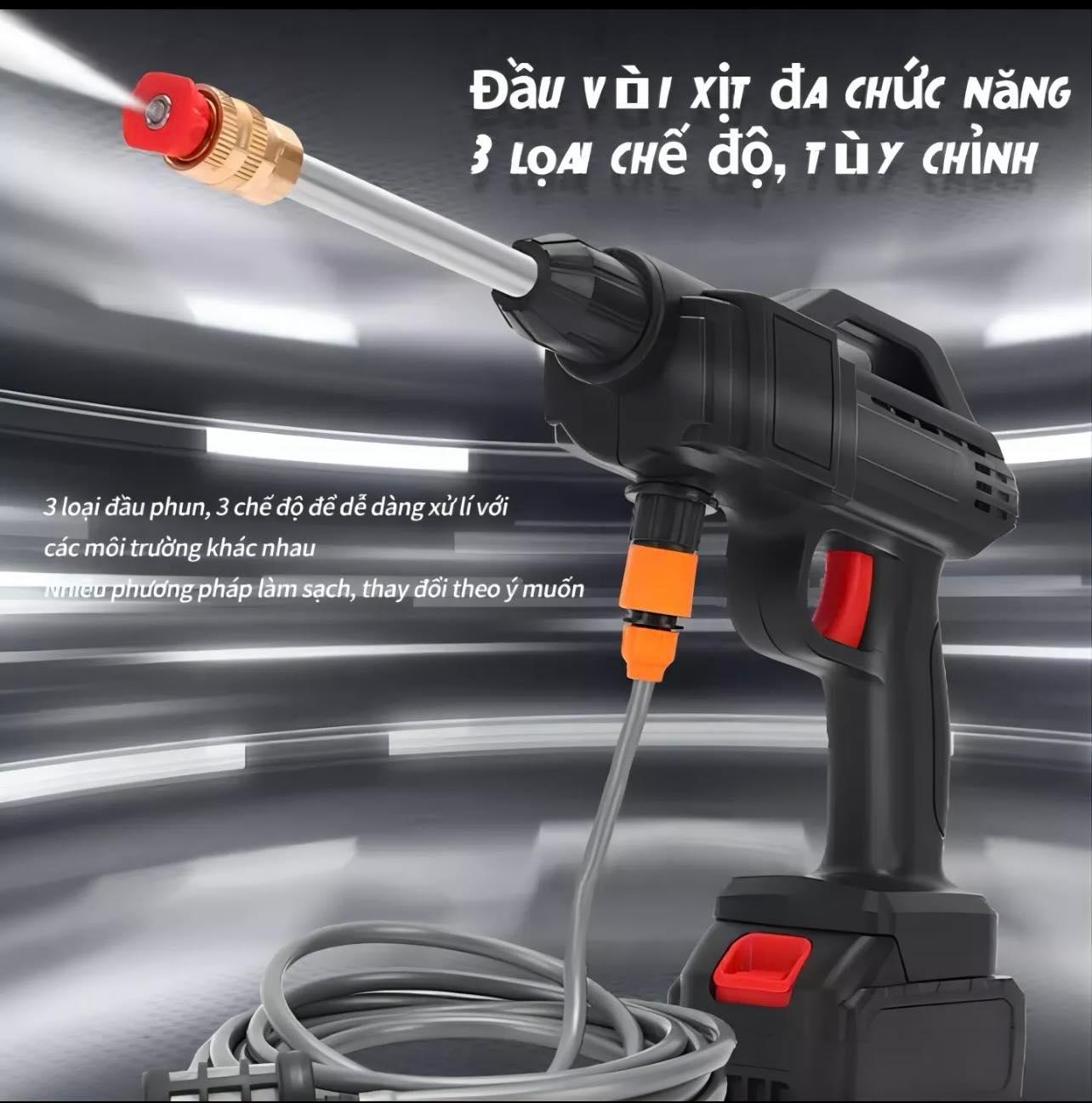 Máy rửa xe mini cầm tay dùng pin đa năng rửa xe, vệ sinh, tưới cây - Vòi phun áp lực mạnh công suất 1800WW