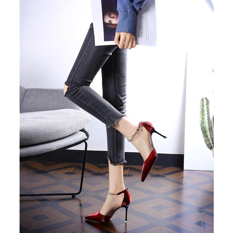 Giày Cao Gót Mũi Nhọn Cài Khóa Đính Đá Lấp Lánh Phong Cách Thời Trang Pháp Hàng Mới 2021