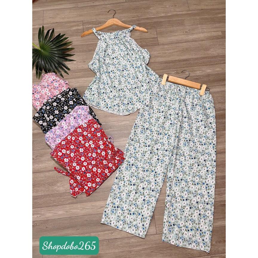 Set đồ nữ,đồ bộ nữ mặc nhà cổ yếm xinh vải lụa họa tiết dễ thương.