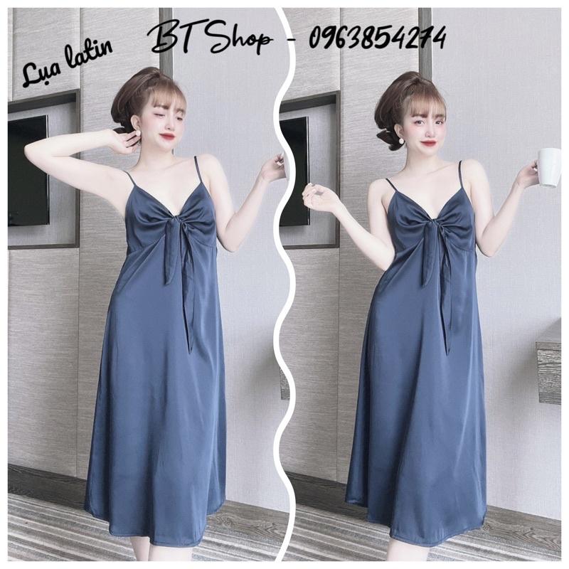 Đầm váy ngủ mặc nhà lụa latin 2 dây màu trơn freesize 42-57kg