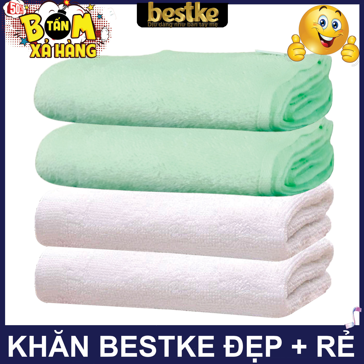 Combo 4 cái Khăn gội bestke 100% cotton, màu trắng và xanh nõn chuối, KT 83*33cm, Cotton towel, bestke towel