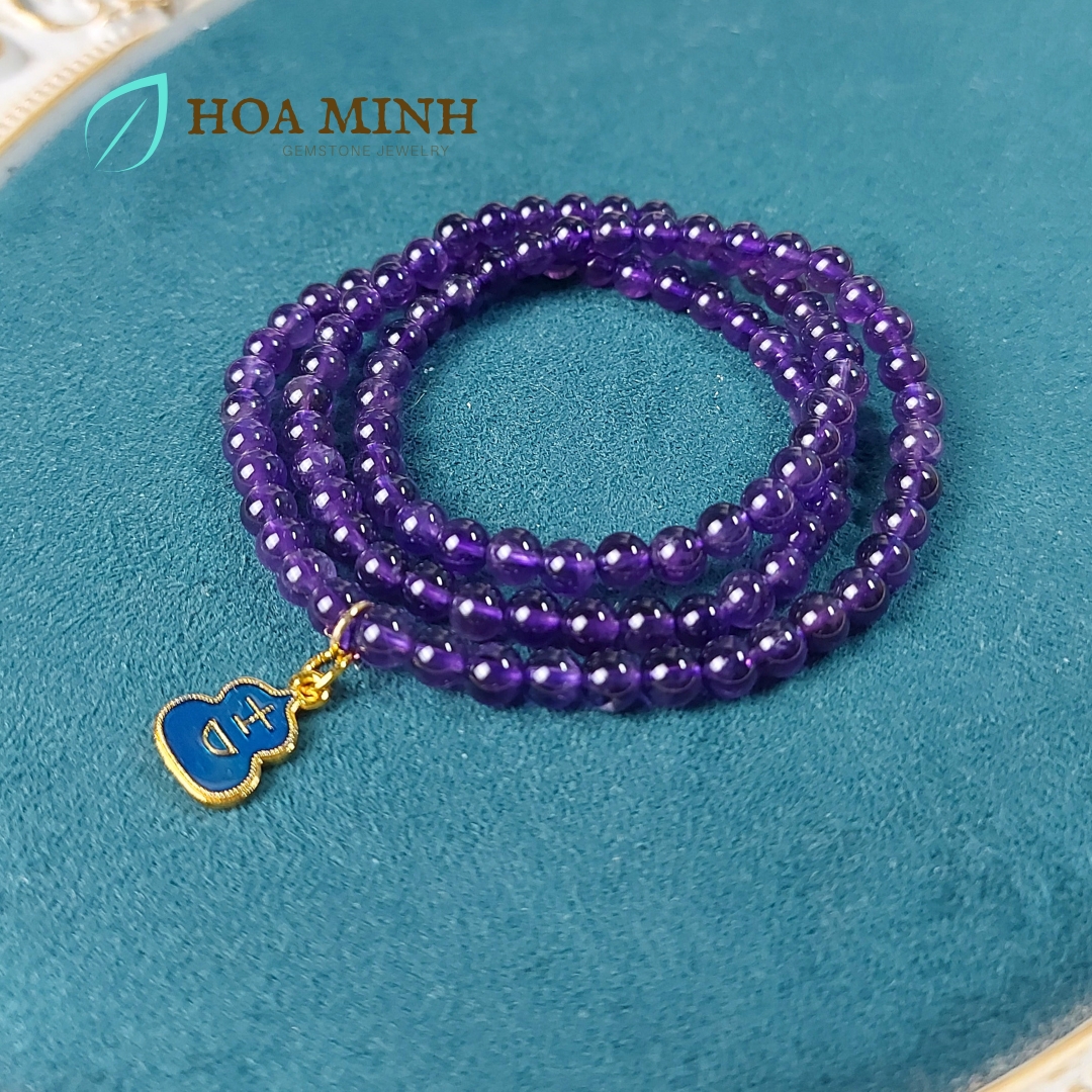 Vòng tay chuỗi 108 hạt Thạch Anh Tím Amethyst size 5.3 li tự nhiên phối charm túi tiền may mắn phong thủy mệnh Hỏa, Thổ