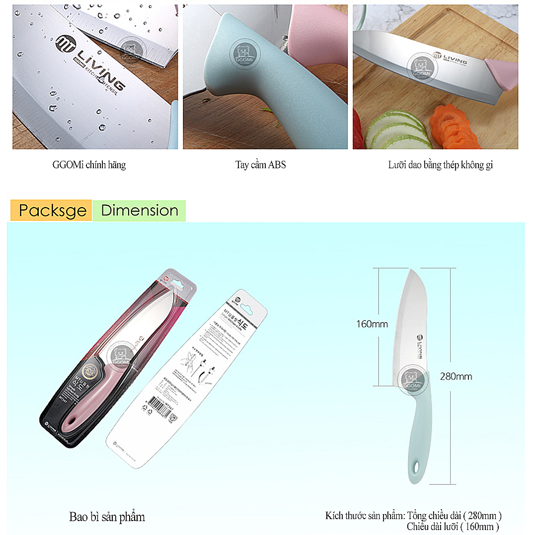 [HÀNG CHÍNH HÃNG]Dao cắt thái nhà bếp màu sắc pastel dài 28cm, lưỡi dài 16cm bằng thép không gỉ GGOMi Hàn Quốc MT347