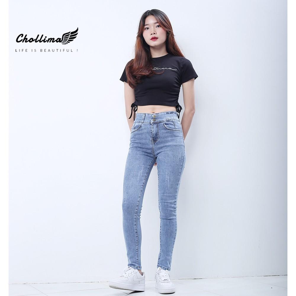 Quần jeans dài nữ co giãn Chollima cạp thường lưng bản to mài xước màu xanh nhạt QD030