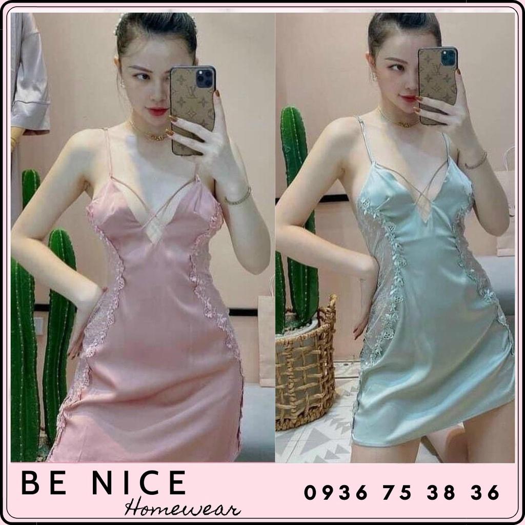 Váy lụa sexy phối ren hông hàng QC cao cấp, Be Nice Homewear