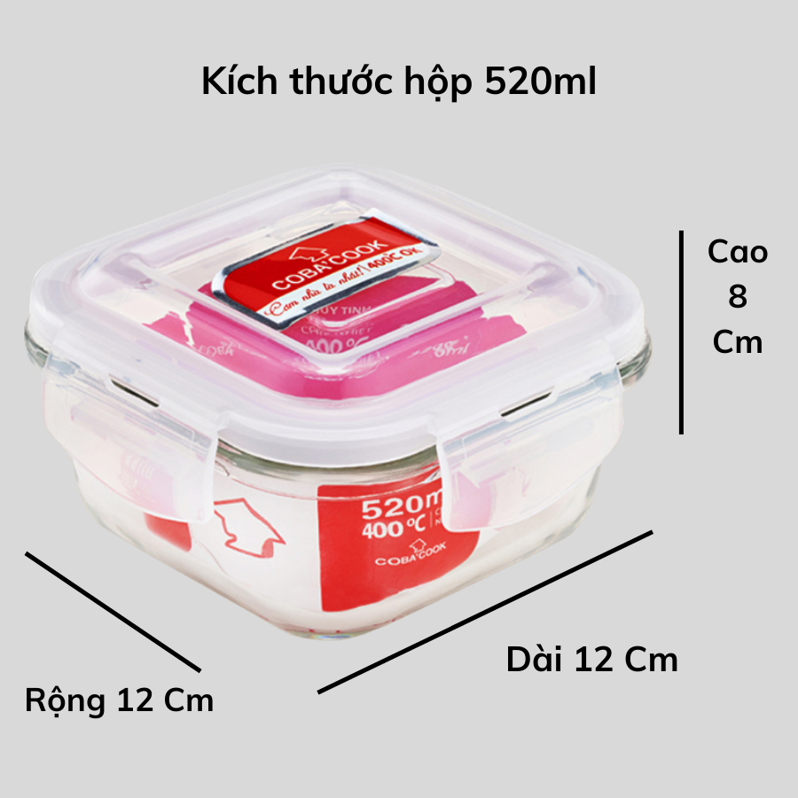 Bộ 2 hộp thủy tinh trữ thức ăn thực phẩm chịu nhiệt COBACOOK hình vuông dung tích 520ml- CCS52