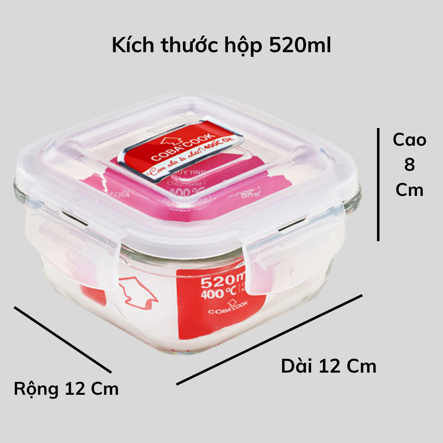 Bộ 2 Hộp Cơm Thủy Tinh COBACOOK Hộp Chia 3 Ngăn Và Hộp Vuông 320ml Kèm Túi Giữ Nhiệt- CCL1NS32BB