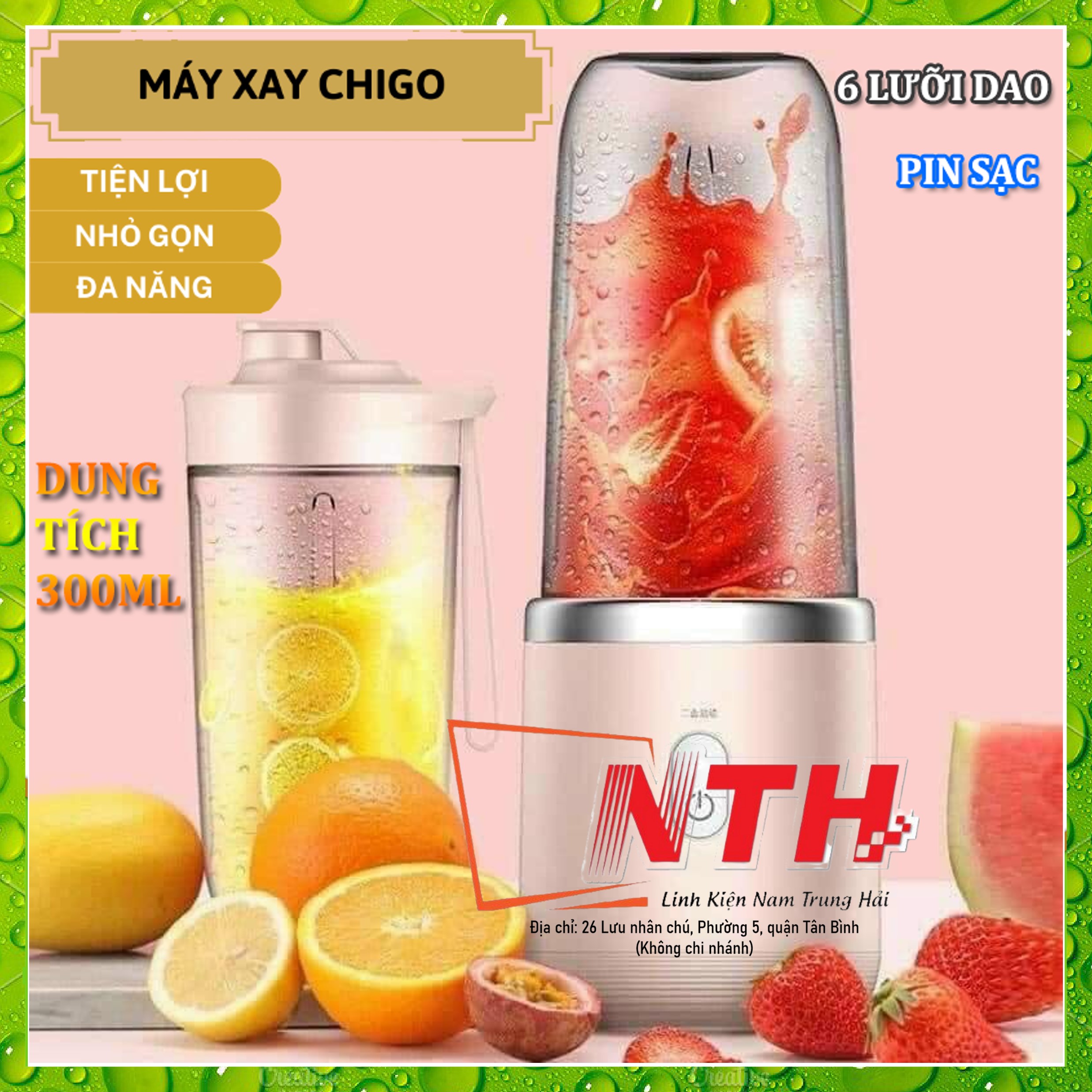 Máy xay sinh tố, máy say mini cầm tay sạc pin tích điện CHIGO 6 lưỡi xoay đa năng dung tích 300ml sạc pin USB