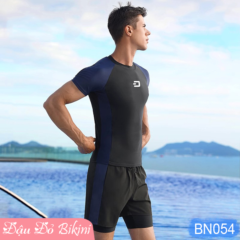 Bộ bơi nam quần bơi 2 lớp cao cấp có túi ẩn tiện lợi, áo dáng thun cộc tay nam tính gọn gàng, chất bơi xịn đẹp, thoáng mát, nhanh khô | BN054
