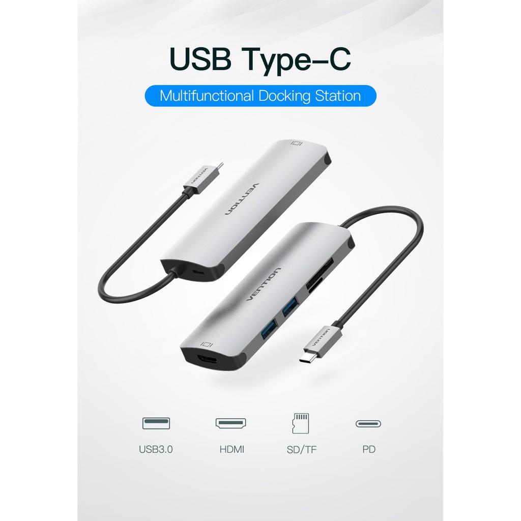 Bộ chuyển đổi Type-C ra HDMI + USB 3.0 + SD + TF + Type-C PD Vention CMEHA - Hàng chính hãng