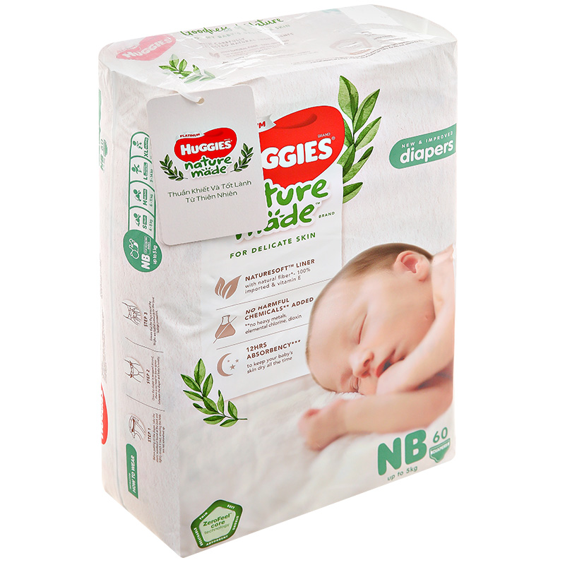 Tã dán siêu cao cấp Huggies Platinum Naturemade NB60 (dưới 5kg)