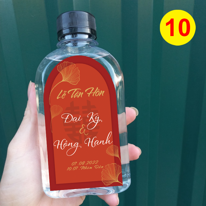 Decal nhãn dán chai nước đám cưới - chai dẹp MS 10