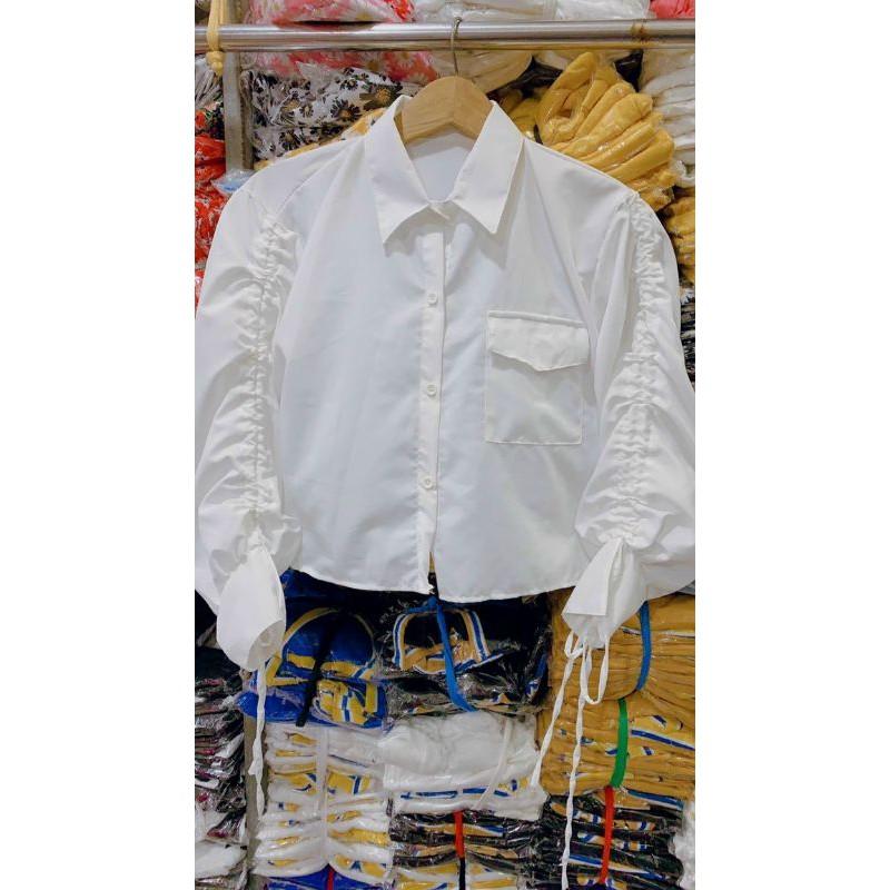 Áo sơ mi croptop tay dài rút dây cá tính
