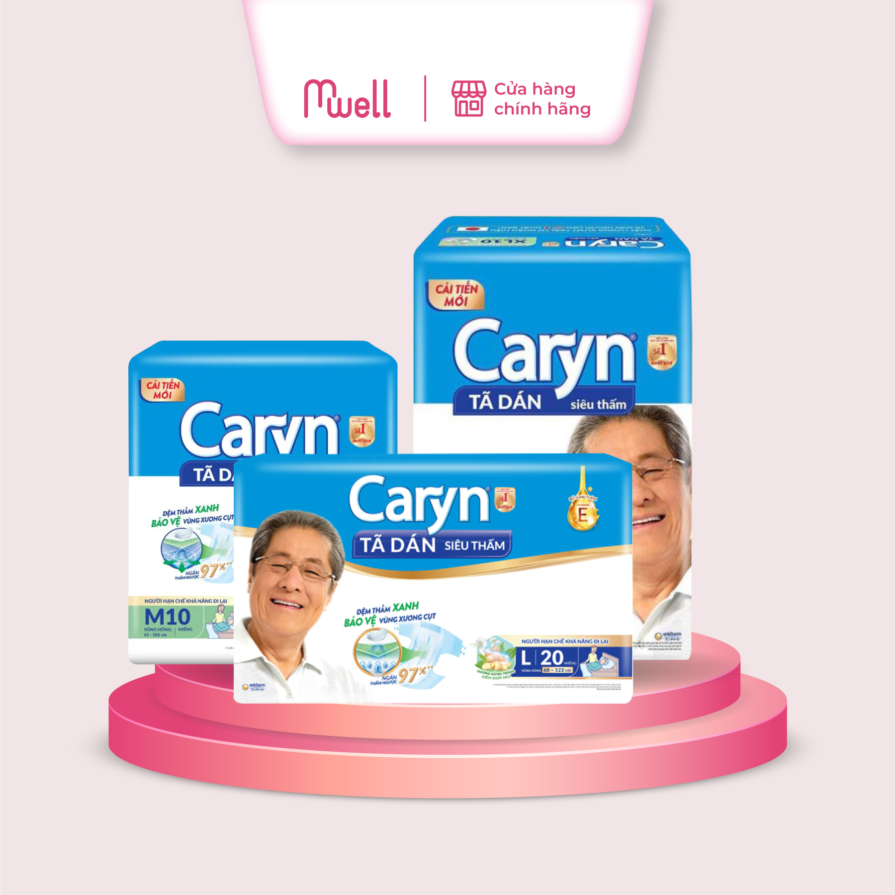 Tã dán người lớn Caryn bỉm dán gói L10 L20 M10 XL10 XL20 Lõi bông cao cấp thấm hút mỏng nhẹ, cho bề mặt luôn khô thoáng