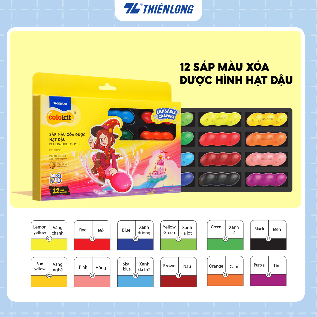 Sáp nhựa 12 màu xóa được - Erasable Crayons Thiên Long Colokit - Nhân vật Futy Akooland thế giới học cụ thần kỳ