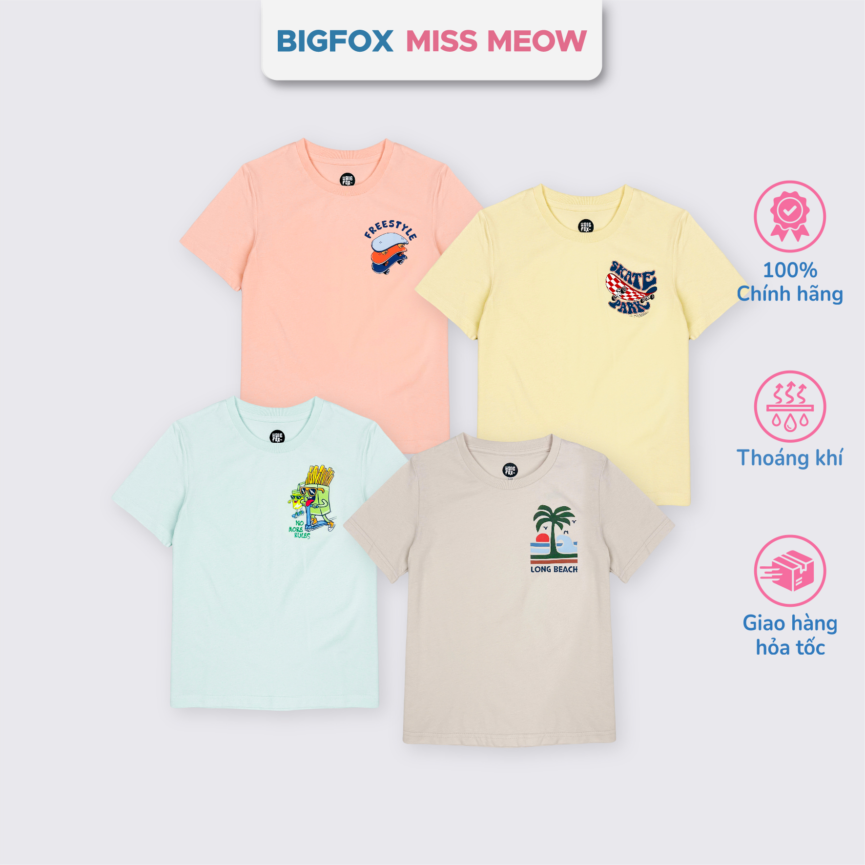 Áo bé trai Bigfox Miss Meow mùa hè chất cotton size đại cộc tay in đẹp cỡ 3,7,9,11 tuổi 30kg 40kg