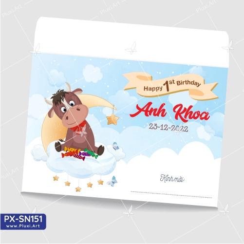 Thiệp thôi nôi – sinh nhật Pluxi bé Trai tuổi Sửu - Trâu - PX_SN151
