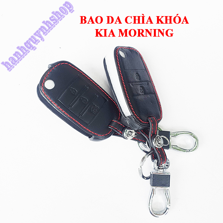 Bao da chìa khóa Morning màu đen chỉ đỏ tặng kèm móc