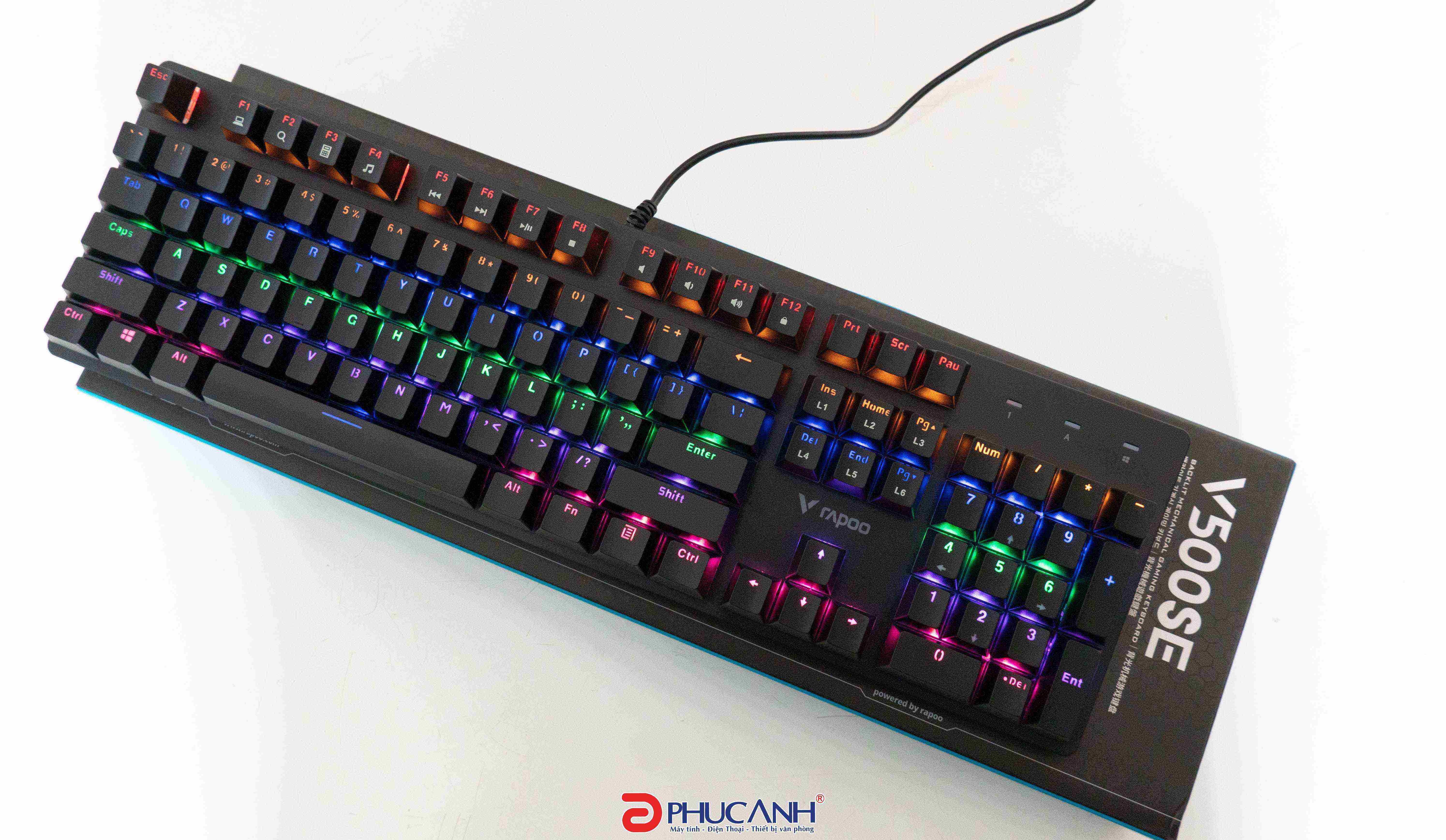 Bàn Phím Gaming Cơ RAPOO Mỗi Phím Đèn Riêng, Khung Kim Loại, Dây Nylon Dù - V500SE - Hàng Chính Hãng