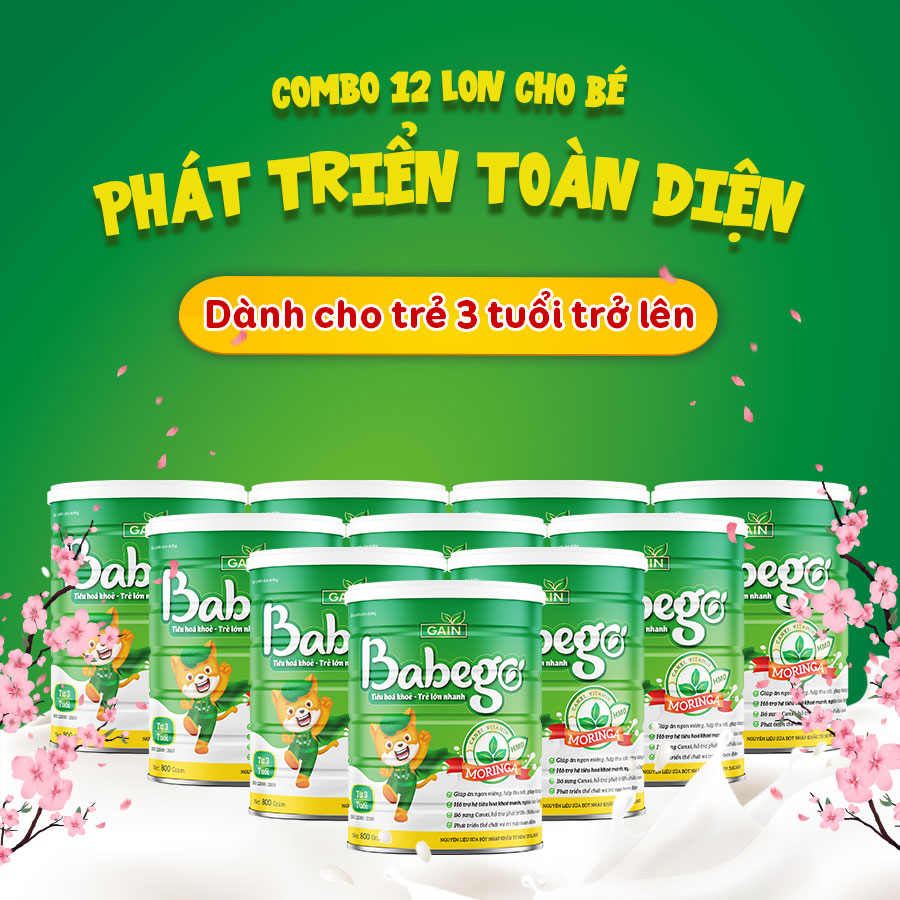 Combo 12 lon sữa mát tăng cân, cải thiện táo bón, biếng ăn cho bé phát triển toàn diện Babego 3 tuổi trở lên