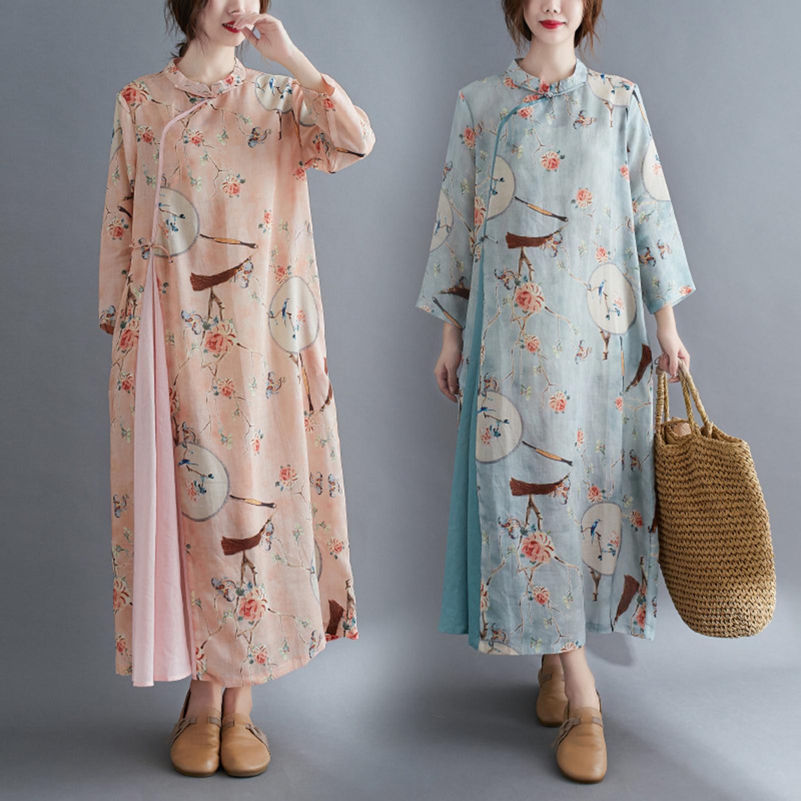 Vintage Women Linen Dress Elegant Floral Frog Button Cheongsam Pockets Loose Casual Shirt Dress