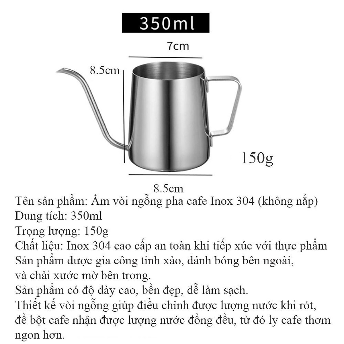 Ấm Pha Cafe Cổ Ngỗng 350ml Đen Nhám Chất Liệu Inox 304 Cao Cấp